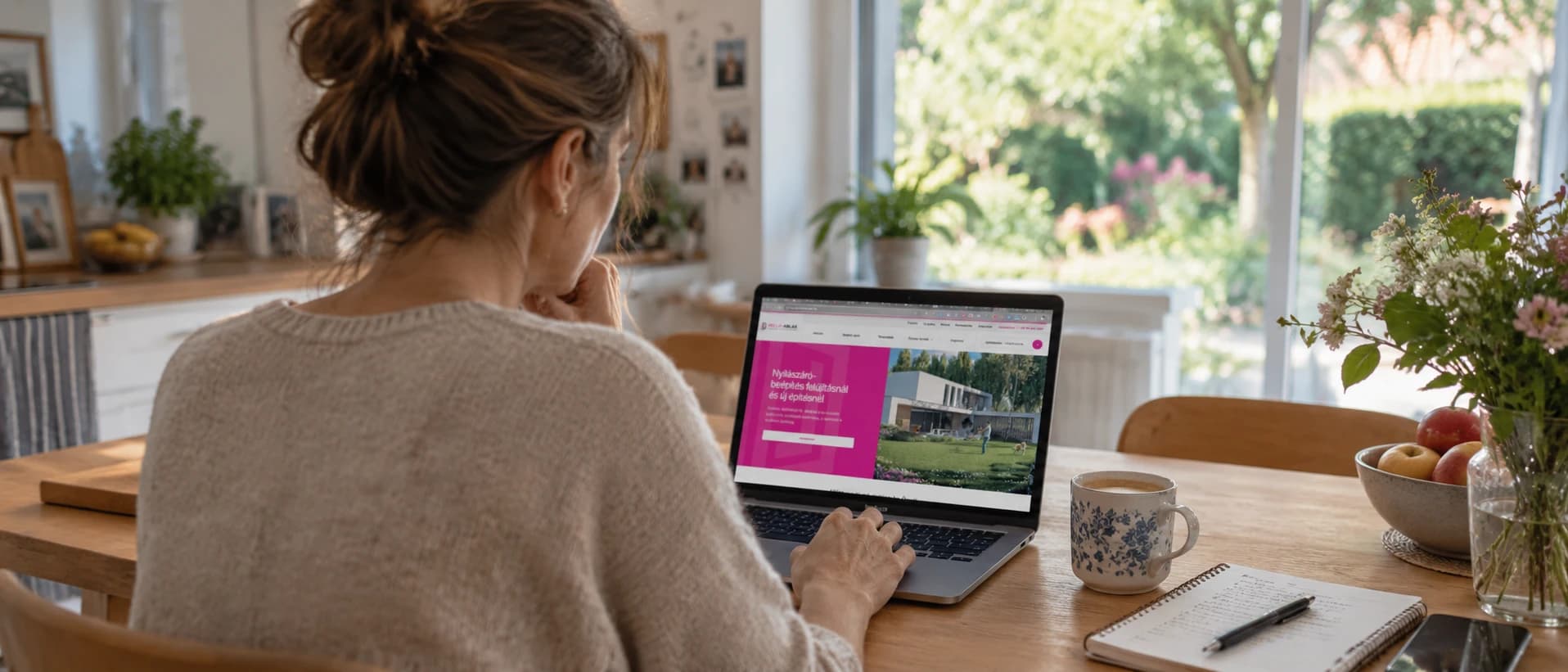 Nő a konyhaasztalnál laptopon kér ajánlatot